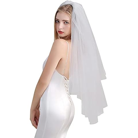 CICILIAYA Bridal Veil Wedding Vails Women's Simple White Ivory Tulle Short Veils With Comb for Brides Shower Bachelorette Hen Party Chucky Costume Dress Up Gift (Off White) Cover