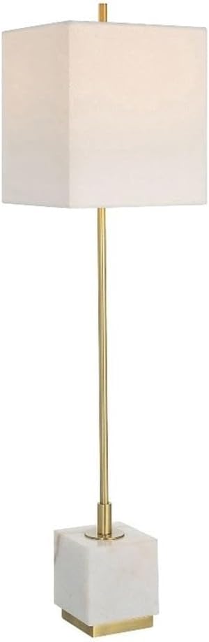 MAKLAINE Contemporary Metal Marble Buffet Lamp, Brass Finish with White Marble Base, 37 in Tall, Slubbed White Linen Square Shade, Modern Design, Ideal for Living Room or Dining Room Decor