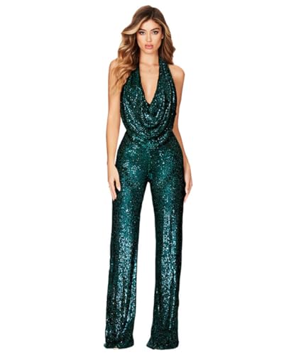 Aelidiya Sequin Jumpsuits Halter Cowl Neck Backless Romper Shiny Overalls Pants