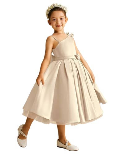 A-Line One Shoulder Spaghetti Strap Satin Flower Girl Dress Tea-Length Tulle Junior Bridesmaid Dress with Bows