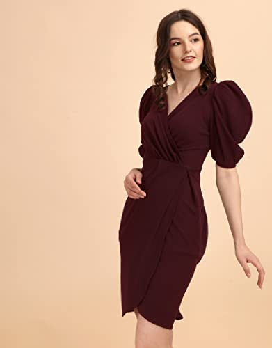 Image of Sheetal Associates Women's Puff Sleeve V-Neck Bodycon Casual Mini Dress