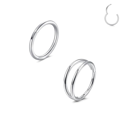 LAURITAMI 2 Stück Nasenpiercing Ring Chirurgenstahl 20G Dünn Doppelter Nasenpiercing Ring Silber, Septum Clicker Ring, 8mm Helix Conch Knorpel Tragus Nasenpiercing Schmuck