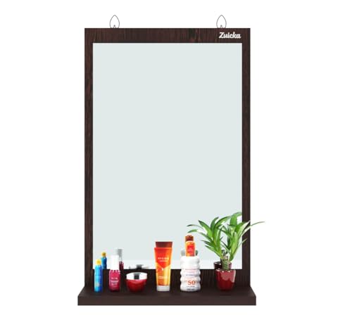 Image of Wall Mounted Wooden Dressing Mirror with Storage Shelf | Bathroom & Bedroom Vanity Mirror Organizer | Engineered Wood Frame | Cosmetic Display Shelf | Dark Wenge Finish | 28 x 45 cm