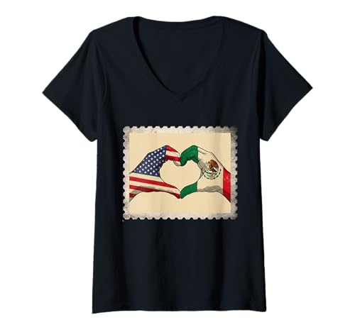 Mujer Sello postal vintage América Estados Unidos México bandera corazón manos signo Camiseta Cuello V