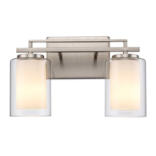 Image of TRANS GLOBE 22482 BN I Lisbon Collection 14 Inch Two-Light Bathroom Vanity - in a Brushed Nickel Finish | Metal Housing I Clear & Frosted Shades I Modern Contemporary Light Fixture |