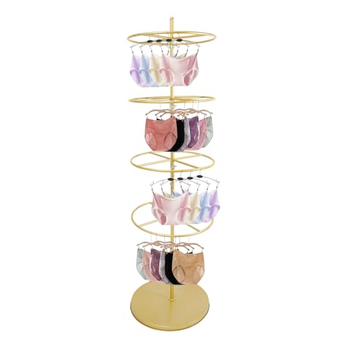 Tapischion Rotatable Round Retail Display Rack, 4 Tier Floor Standing Metal Clothing Rack for Underwear Bras Shorts Socks Scarves (4 Tier, Gold)