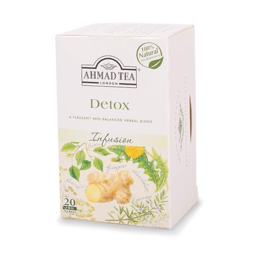 Ahmad Tea Detox Tea | Fruit & Herbal Infusion | Ginger, Dandelion, Nettle, Peppermint, Fennel, Birch leaves - 20 Teabag Sachets