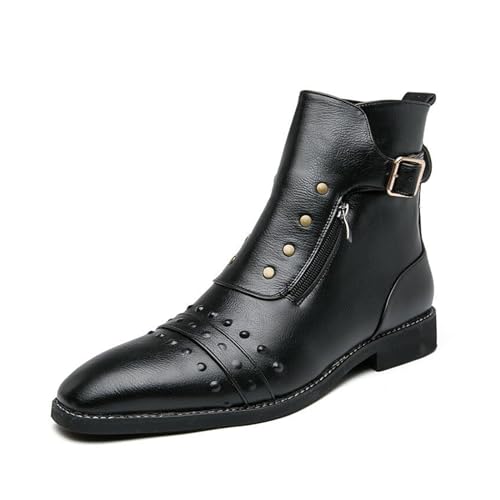Men's Leather Motorcycle Ankle Boots Side Zipper Dress Casual Riding Rock Plain Toe Studded Men Boots