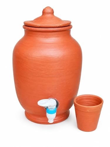 Image of KUYAVAN MUDPANDAM 5 Litre Clay Water Pot with Tap & Lid | Terracotta Matka with 200 ML Clay Glass | Natural Cooling Earthen Water Dispenser for Home & Kitchen