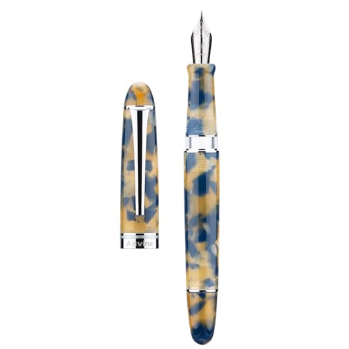 Asvine P50 Piston Fountain Pen Brown Marble Resin, Medium Nib Silver Trim Smooth Writer Collection with Pen Case Gift Set