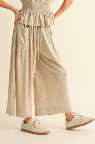 CHARTOU Women Summer Casual Loose Wide Leg Pants Drawstring Elastic High Waist Straight Trousers with Pockets2