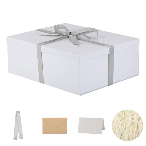 Caixa de presente grande branca com tampa 42 x 32 x 15,5 cm, caixas de presente premium com tampa e fita para presentes do dia dos namorados, o Natal inclui papel de seda triturado cartões sobre