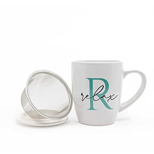 Vappore Taza infusiones con tapa y filtro, de Ceramica. Filtro de Infusion de Acero Inoxidable. 350ml- Tazas desayuno para infusiones con colador - Taza de Te con Filtro y Tapa - (Relax)