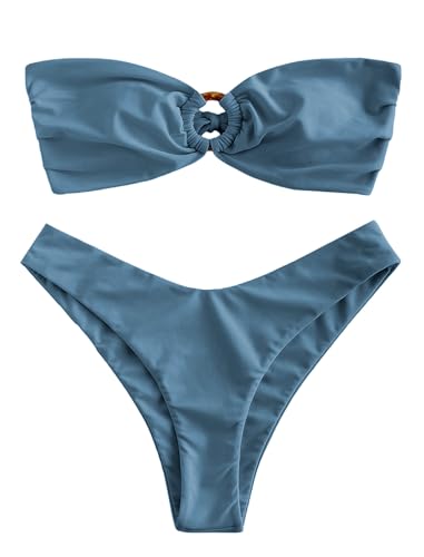 Image of ZAFUL Women's Bandeau Bikini O Ring Strapless Tie Back High Cut Two Piece Swimsuit Bathing Suits