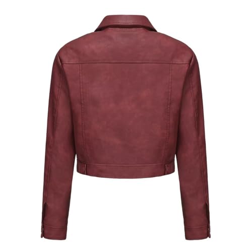 Women's Cropped Faux Leather Bomber Jacket Turn-Down Collar Flap Pocket Snap Retro Shape Coat3