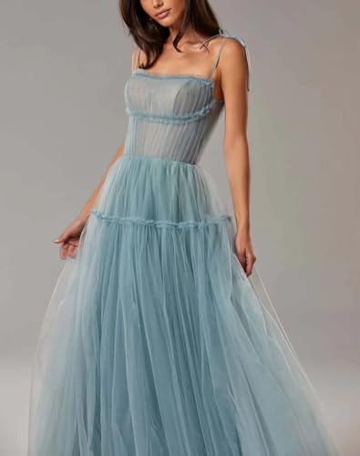Women's Spaghetti Straps Prom Dress Tulle Long Formal Evening Party Gowns A-Line Backless Bridesmaid Dress3
