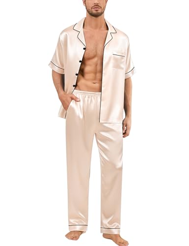 Image of SWOMOG Mens Silk Pajamas Set Satin Pj Set Short Sleeve Sleepwear Button Down Lounge Set with Drawstring & Pockets S-3XL