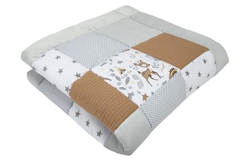 Medi Partners Krabbeldecke für Baby Spielmatte 100% Baumwolle Krabbelmatte - 100x100cm Krabbeldeck Dick Weich Decke Laufgittereinlage Babydecke Minky Waffel Spielbogen (Reh)