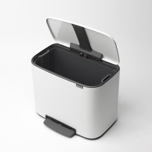 Image of Brabantia Bo Step-On Kitchen Trash Can with Single Compartment | White | 9.5 Gal Inner Bucket | Soft-Close Garbage Can, Light Pedal Operation, Stay-Open Lid | Fits Against Wall | + Trash Bags