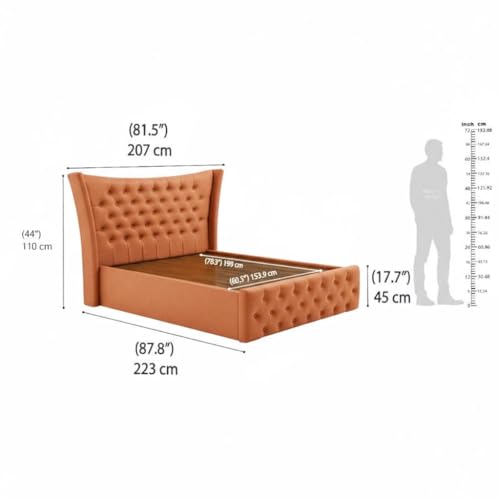 Image of HITHOS Upholstered Queen Size Bed with Box Storage Solid Wood Double Bed Cot Bed Palang for Living Room Home Bedroom Furniture (Tan Brown) 1 Year Warranty
