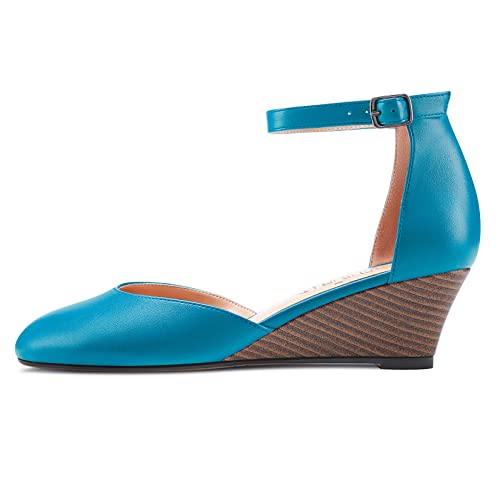 HEUIVZAR Pumps for Women Ankle Strap Closed Round Toe Block Chunky Wedge Low Heel Pumps Matte Shopping Vacation Classic 2 Inch