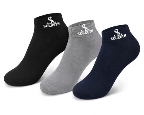 Image of Ankle-Length Cotton Socks for Men, Navy Blue, Light Grey and Black, Reinforced Heel and Toe, Everyday Comfort, Gym, Sports, Casual Wear, Pack of 3