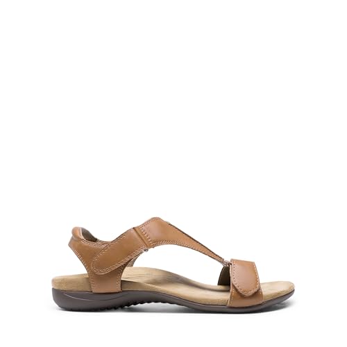 DREAM PAIRS DREAM PAIRS Womens Sandals Arch Support T-Strap Orthopedic Flat Sandals Comfortable Summer Shoes,Size 7.5,Tan,DWUMFS2508