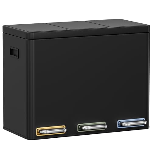 Clevich Mülltrennsystem 3×15L aus Stahl, Mülleimer 3 Fächer mit farbcodierten Pedalen, Abfalleimer mit Soft-Close-Deckeln und Inneneimern, Schwarz
