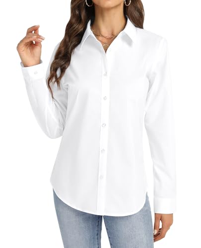 J.VER Bluse Damen Langarm Blusenshirt Einfarbig Tops Kragen Baumwolle Oberteile Knitterfreies Hemdbluse Mode Für Damenblusen Alle Weiß