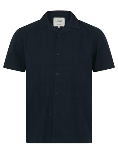Tokyo Laundry Camisa de verano ligera de algodón a cuadros Dobby de manga corta con cuello cubano para hombre, Capitán azul marino., L