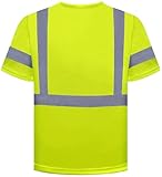 VOGRYE High Visibility Quick Dry Safety T-Shirts with Reflective Strips, Mesh Pocket, Short Sleeve, Class 2, Lime, for Men/Women