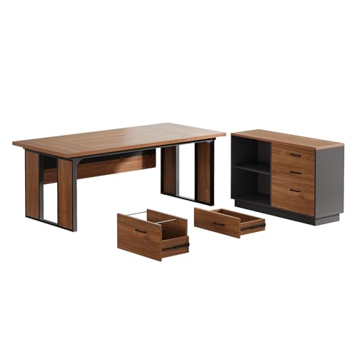 Tribesigns 63‘’ L-Shaped Executive Desk, Office Table with 39.37-Inch Drawers Cabinet, Large Computer Desk with Storage Shelves, Business Furniture Set for Home Office, Brown & Black by Tribesigns - Image 9