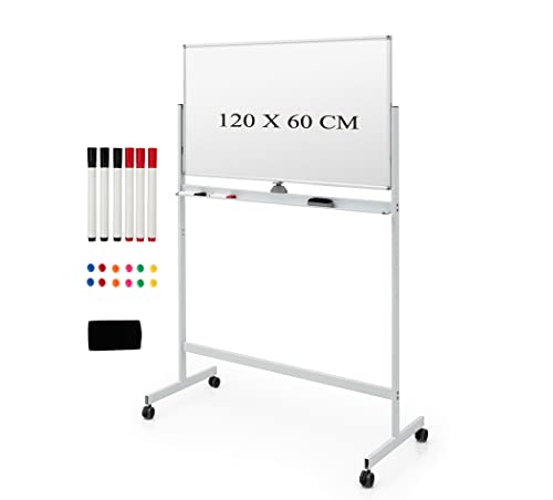 LIFEZEAL Pizarra Blanca Doble Cara 120x60cm, Pizarra Magnética Ajustable en Altura, Pizarra Móvil con soporte con 6 Pines y Ruedas Fijas para Oficina y Escuela (Blanco)