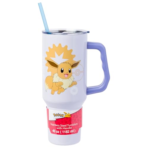 Image of Silver Buffalo Pokemon Double Walled Stainless Steel Tumbler with Handle Featuring Eevee, Fits in Standard Cup Holder, 40 Ounces