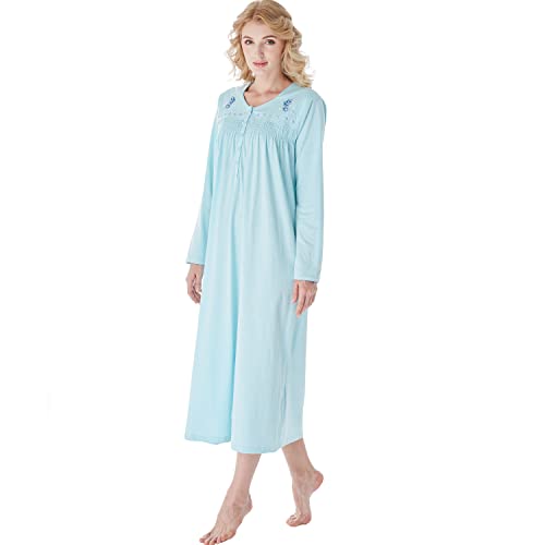 Keyocean Nightgowns For Women, 100% Cotton Soft Long Sleeve Ladies Nightgowns, Comfy Lightweight Sleeping-Gown, Small, Turquoise Color #TOP4