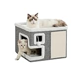 Crispedia Cat Houses for Indoor Cats, Covered Cave Bed with Scratch Pad and Fluffy Ball, Foldable Cat Hideaway Condo for Large Cats, Modern Kitten Bed,16.5x16.5x13 inches (Grey, Large)