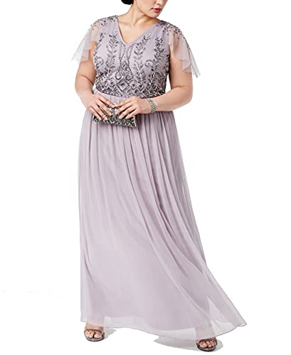 Adrianna Papell Women's Size Beaded Bodice Flutter Sleeve Chiffon Gown, Lilac Grey, 14 Plus