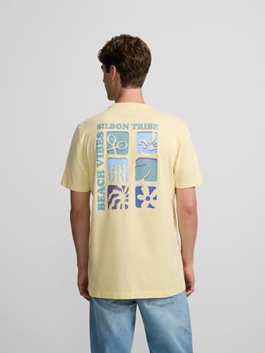 SILBON Camiseta Iconos Beach Vibes Amarilla Manga Corta para Hombre Talla S