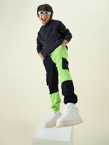 Image of The Souled Store Solids: Black and Green Boys Colorblock 100% Cotton Joggers Kids Joggers Trousers Bottoms Casual Kids Wear Fashion Trendy Boys Clothes Fashionable Outdoor Comfy Soft Breathable
