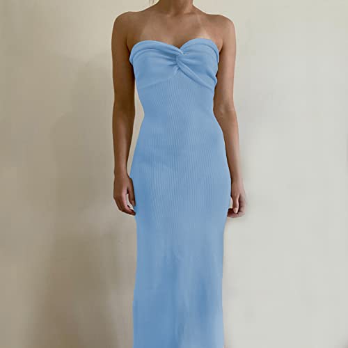 Image of WFHFNJW Women Sexy Twist Knot Front Ribbed Knit Bodycon Bandeau Tube Dress Casual Solid Strapless Maxi Long Dress