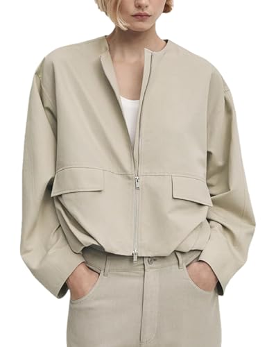 Women's Bomber Jacket Lightweight Zip Up Military Safari Utility Cropped Jackets Outwear with Pockets ﻿