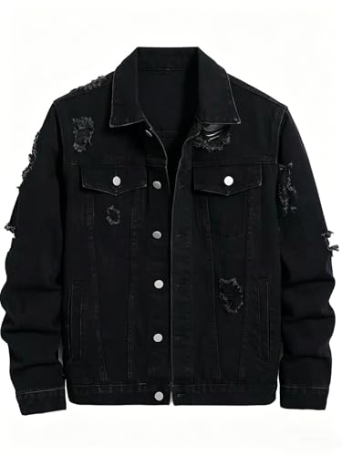 Image of Men's Denim Jacket Patchwork Fringe Jacket Slim Jean Jacket Streetwear Coat