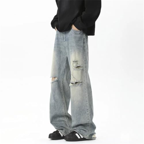 Men’s Korean Style Denim Pants, Contrast Color, Hole Design, Wide Leg, Loose Male Jeans4