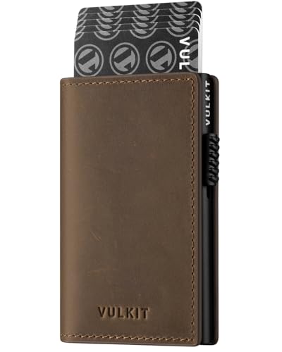 Image of VULKIT Minimalist Card Holder Wallet Premium Pull-Up Leather Pop Up Cards RFID Protection Holds Up to 10 Cards, Magnetic Closure