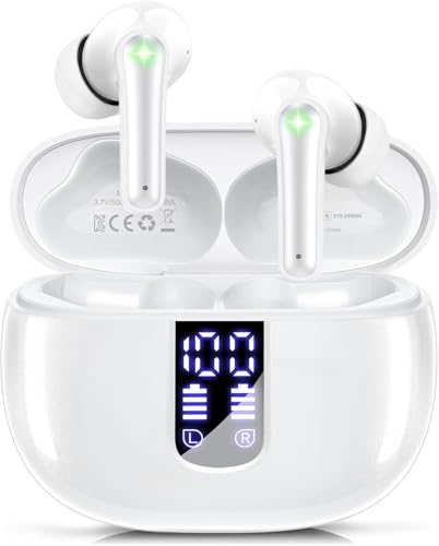 Image of TWS Wireless Earbuds Bluetooth 5.3 Headphones (48H Playback) Built in Mic with LED Display Charging Case, IP7 Waterproof Earphone for iPhone Andriod Phones Laptop Sports Workout (Pearl)