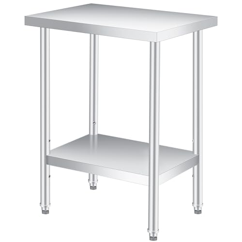 Image of Stainless Steel Table, 24 inch x 18 inch Heavy Duty Worktable with Adjustable Undershelf, 2 Tier Metal Prep Table for Commercial Kitchen, Restaurant, Garages