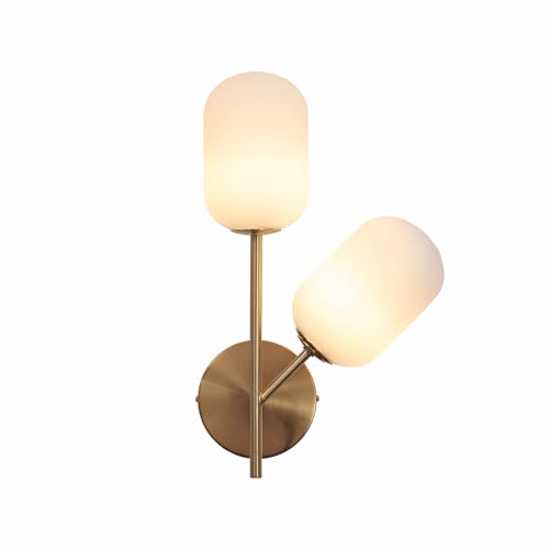 TEKLED myHome Gold Aluminium Bronze Metal Opal Glass Cylinder Wall Light | G9 Fitting | for Bathrooms Living Rooms Waiting Areas Receptions Cafes Boutique Hotels | Double Lamp (Bulb not Included)