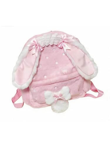 OATSBAS Womens Y2K Kawaii pink Plush Backpack Bunny and Cat Ear Bow Paw Print Wings Cute Fluffy Daypack (Rabbit One size)