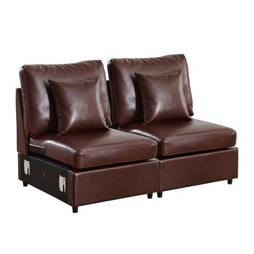 Image of RARZOE Modular Sectional Couch Armless Seats Module, Faux Leather Sofa 2 Armless Chairs Middle Module Seats, Modular Sectional Sofa Module for Living Room Home Theater,Brown