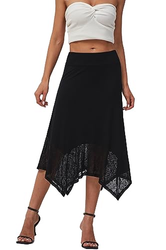 DJT Womens Flat Elastic High Waist Skirts Stretchy Flowy Handkerchief Lace Splicing Hem Midi Skirt2